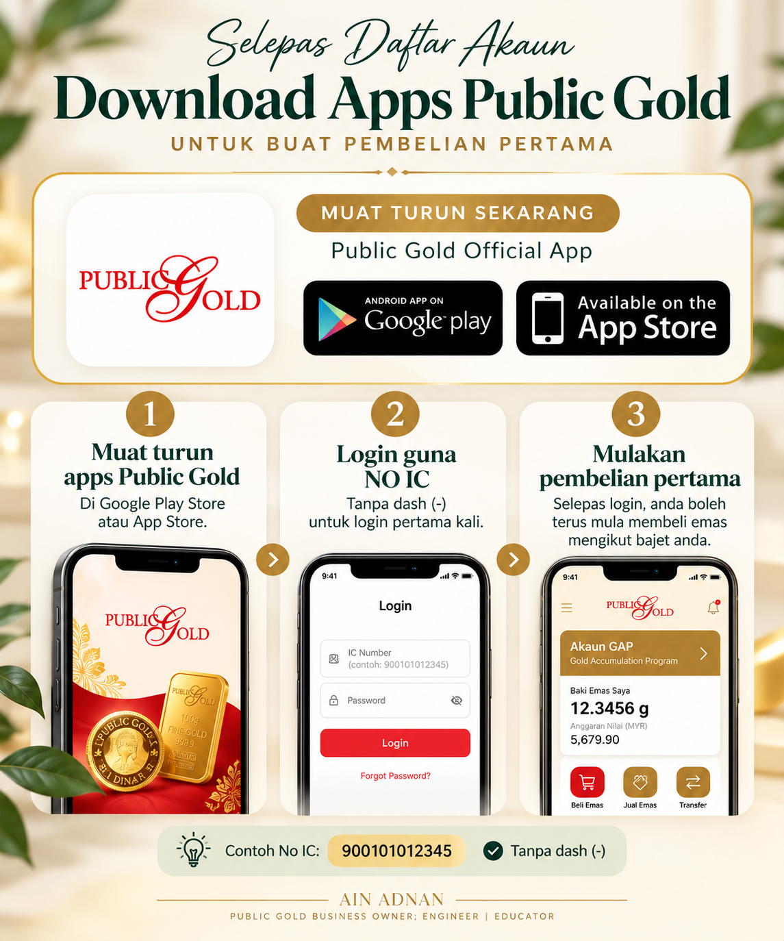 Selepas daftar: download apps dan login — panduan Ain Adnan