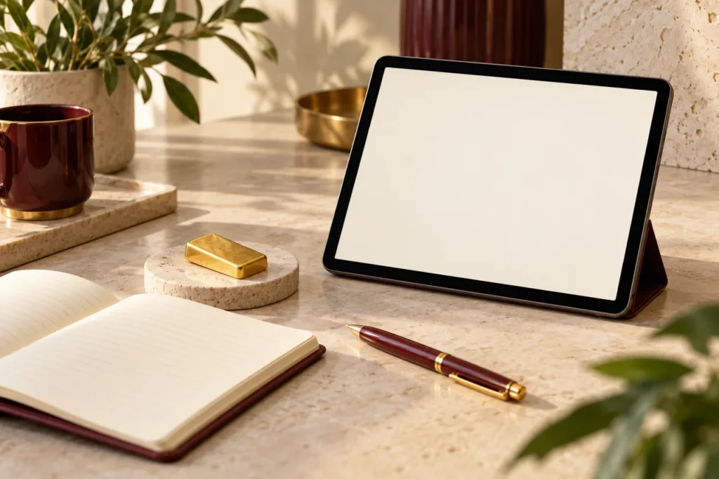 Ilustrasi tablet dan emas untuk panduan pembelian
