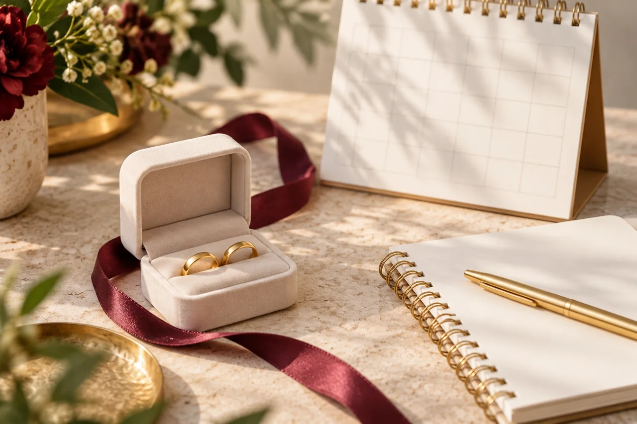 Ilustrasi cincin dan kalendar bagi tabung perkahwinan
